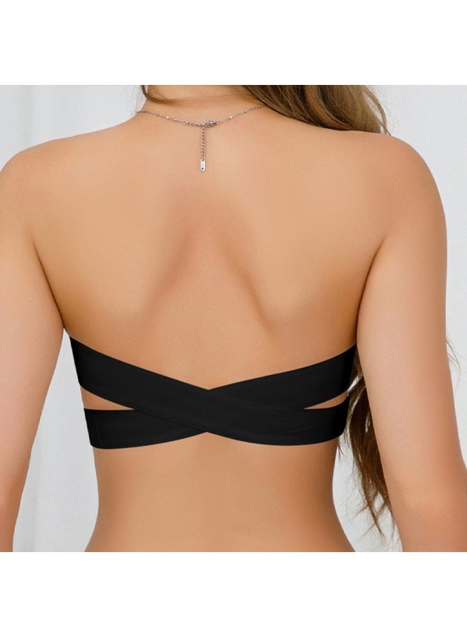 Zeemey Black Wireless Bandeau Bralette with Side Closure, Sexy Strapless Nylon Knit Fabric - Removable Padding, Cross Strap Detail, Solid Color Stretch - Image 3